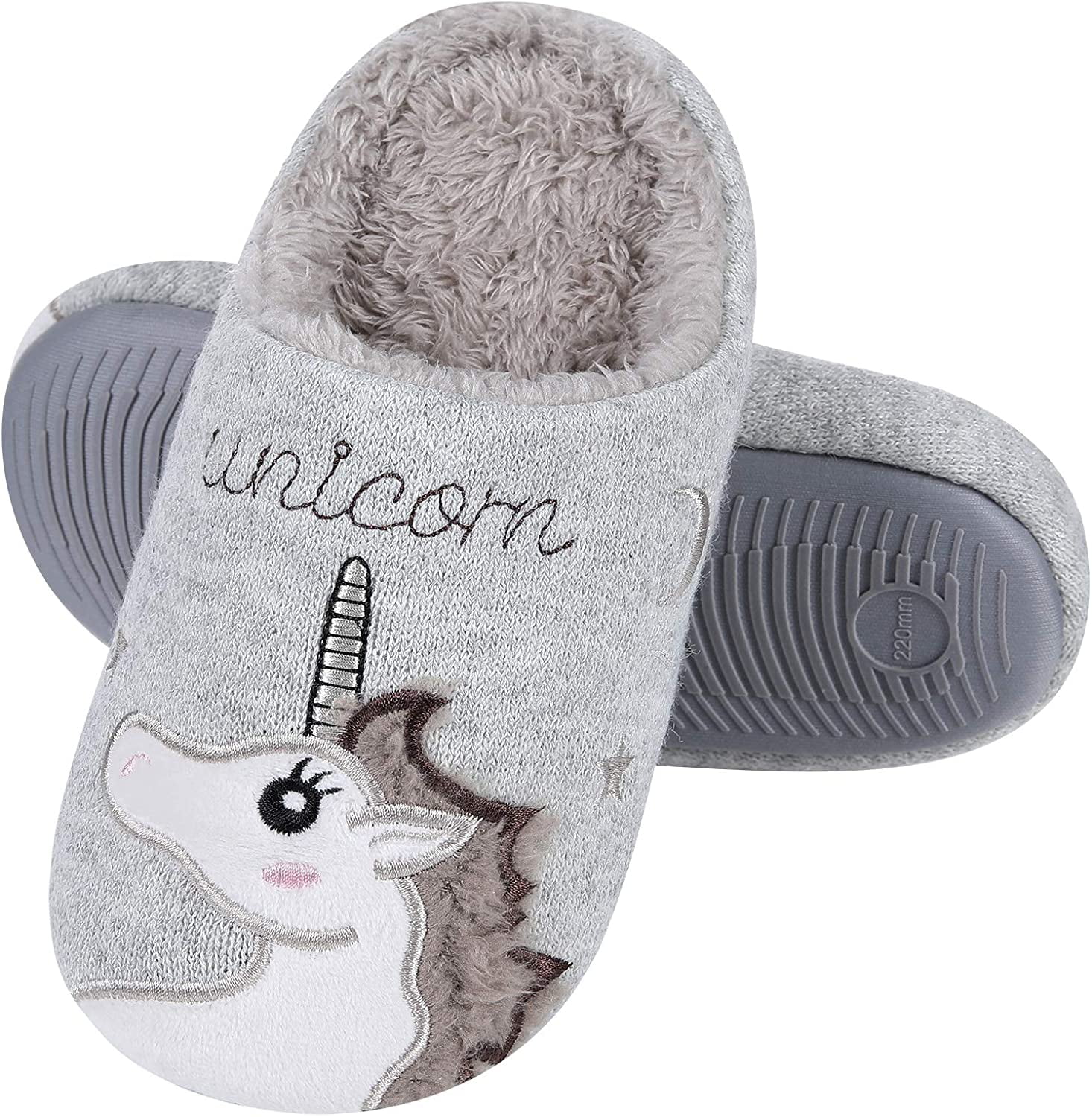 Girl's Cute Unicorn House Slippers Memory Foam Indoor Slippers Comfy Fuzzy Knitted Slip On Cotton Slippers with Anti-Slip Rubber Sole 