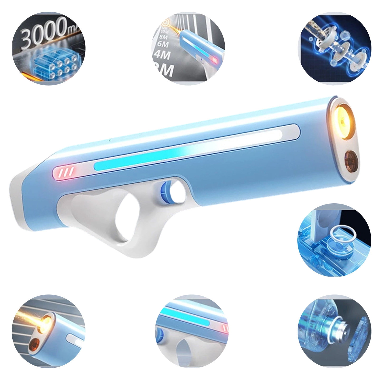 Automatic Water Gun with LED Lights, USB Rechargeable Long Range for Pool Beach,Blue