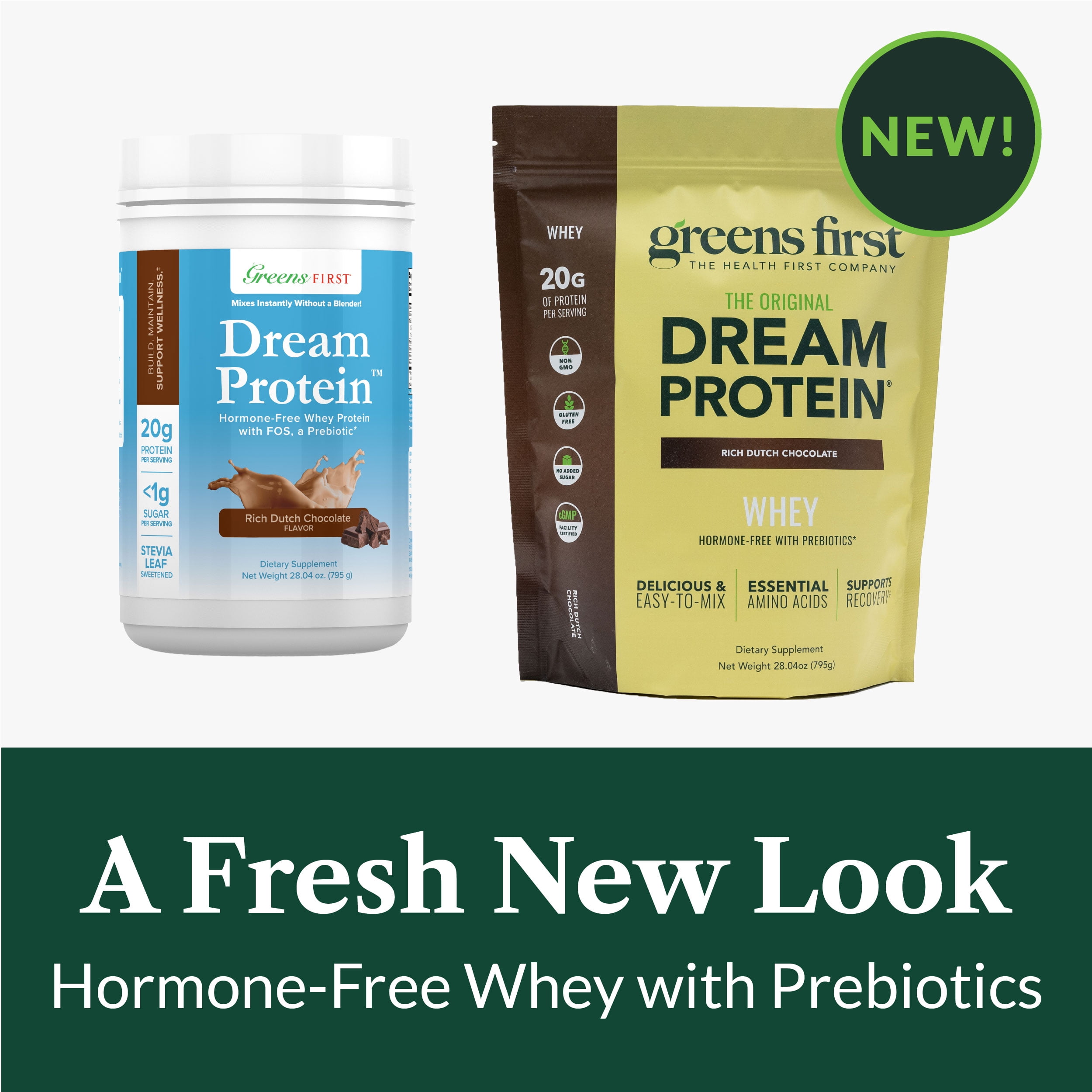 Greens First Dream Protein Powder Whey - 20g Protein Per Serving - Hormone-Free with Prebiotics - Non-GMO - No Artificial Sweeteners/MSG/Aspartame (Rich Dutch Chocolate, 28.04 oz)