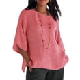 thumbnail image 3 of Ropa de mujer Camisa de cuello redondo con mangas 3/4, Top informal de lino y algodón, Rosa, XXL Vogacara  AP002239-13, 3 of 5