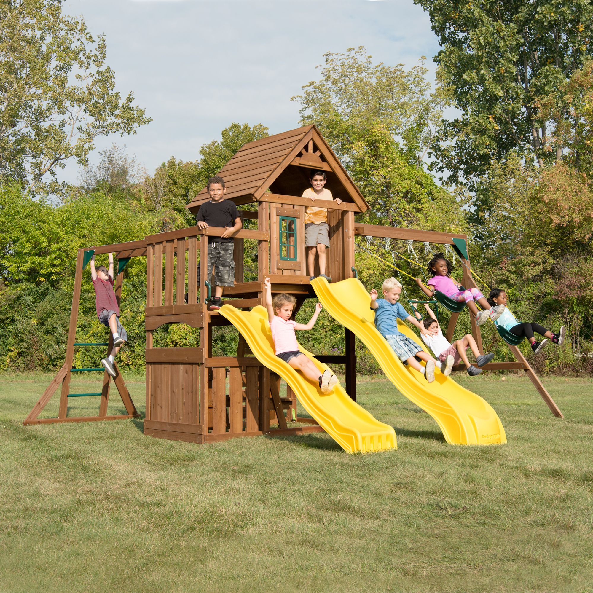 Swing-N-Slide Timberview Wooden Backyard Swing Set with Two Yellow Wave Slides, Wood Roof, Swings, and Monkey Bars - image 2 of 12