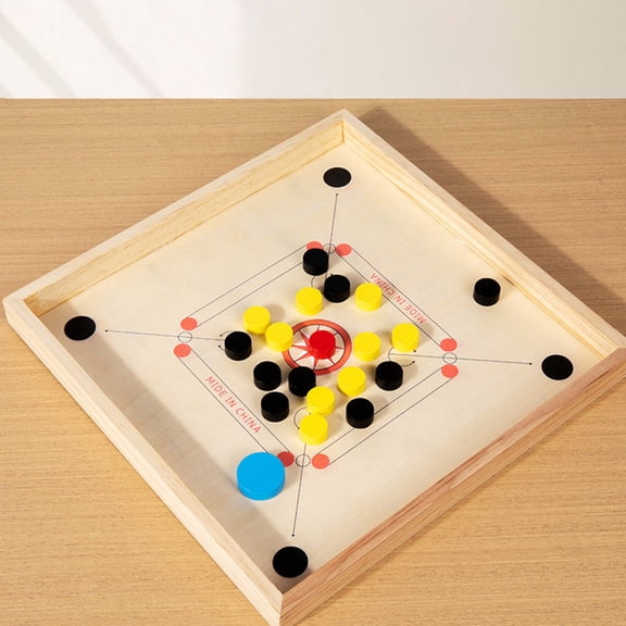 Carrom Board, Indian Carrom Game Board, Wooden Strike and Pocket Game Set with Group of Black and Yellow Coins, 1 Red Queen Coins