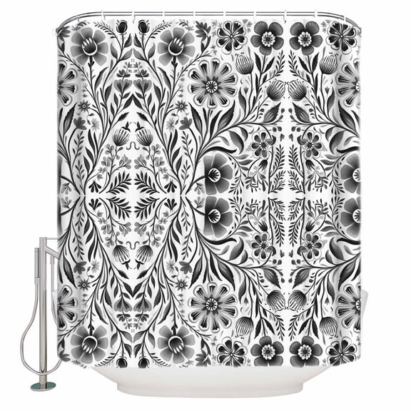 Fabric Shower Curtain, Ethnic Style Vintage Flowers Gray Floral Shower Curtains with 12 Hooks Waterproof Machine Washable Bath Curtains for Bathroom,72 x 96in