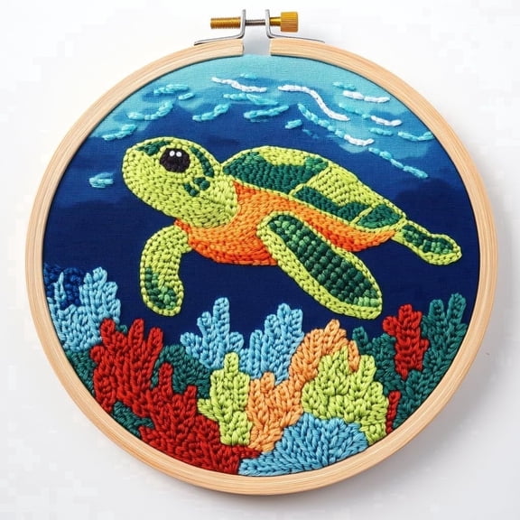 Punch Needle Kits for Beginners Green Sea Turtle with Hoop Embroidery Punch Needle Starter Craft Set Easy for Adults and Kids Festival Gift and Decoration