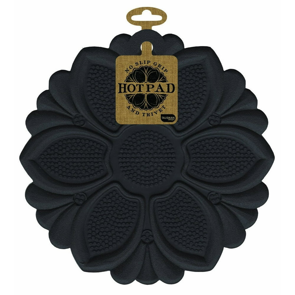Talisman Designs Silicone Pot Holder, Trivet/Hot Pad, MultiTool Black Flower