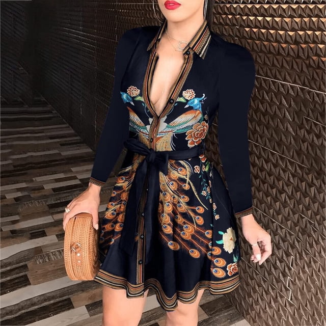 Blouse Décontractée pour Femmes à Boutons Manches Longues Col en V Ceinturée Chemises Blouse Hauts Robe