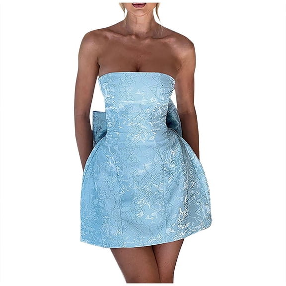 Strapless Jacquard Mini Dress for Women A-Line Graduation Party Dress with Back Bow and Lace-Up Corset
