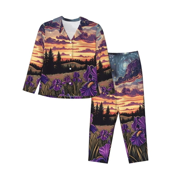 Fotbe Starry Night Purple Irises Conjunto de Pijama de Manga Larga para Mujer con Estampado, Ropa de Dormir de 2 Piezas, Conjunto de Casa Suave y Cómodo con Bolsillos-XX-Large