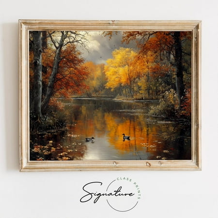 Vintage Lake Autumn Wall Art, Fall Trees And Ducks Poster, Rustic Nature Scene, Tranquil Lake Decor, Vintage Fall Landscape Art Poster 1282 Home Decor, 24x36 UNFRAMED