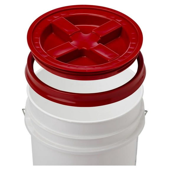 5 Gallon White Bucket & Lid - Food Grade Plastic Pail & Gamma2 Screw Seal Tight Lid (Red)