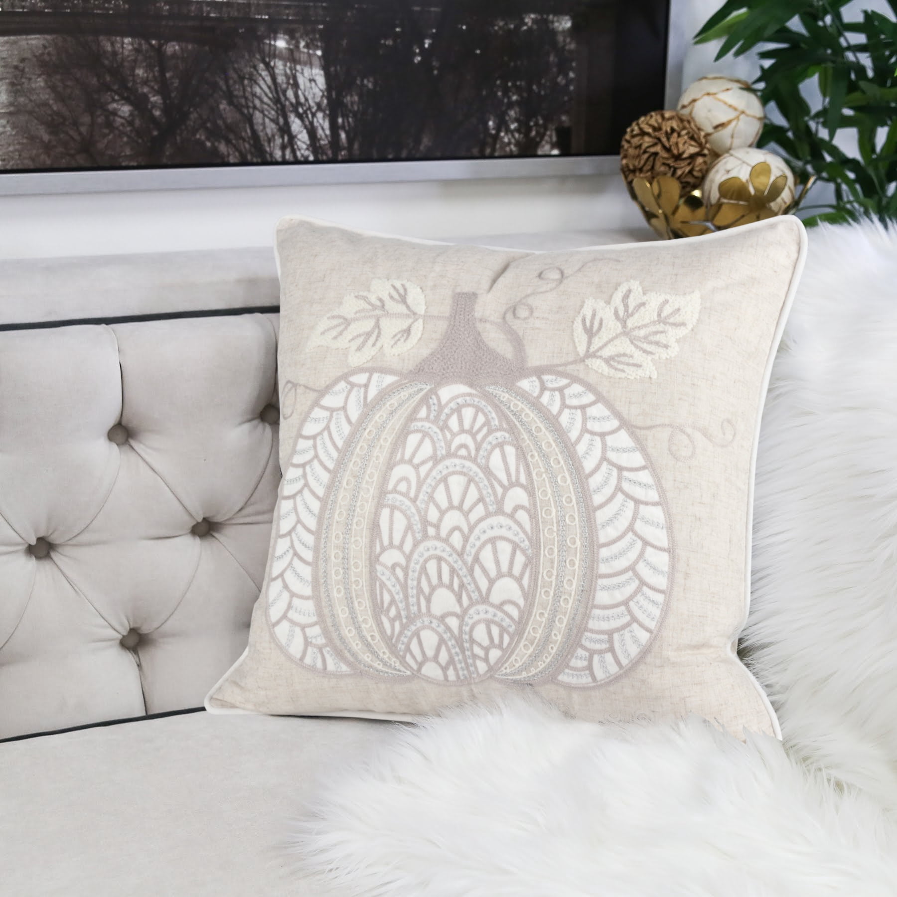 Holiday Harvest Beige Embroidered Pumpkin Graphic Polyester 20 in. x 20 in. Decorative Throw Pillow