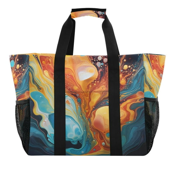 Abstract Swirling Colors Reusable Grocery Bags with Handle Side Pocket Waterproof Shopping Portable Tote