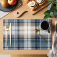 thumbnail image 2 of Blue Brown Plaid Placemats Set of 8 Vintage Abstract Stripes Lattice Place Mats Indoor Wipeable Table Mats Washable Cloth Dining Table Placemats for Kitchen Holiday Party Home Decor 13x19 Inch, 2 of 9