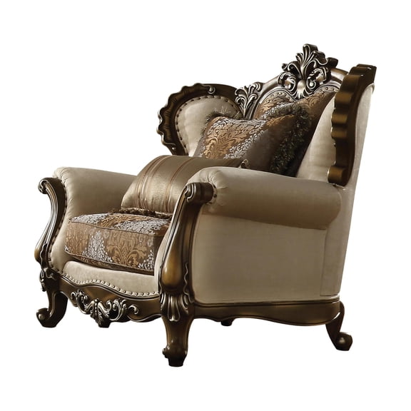 ACME Latisha Chair with Nailhead Trim in Tan Pattern Fabric and Antique Oak