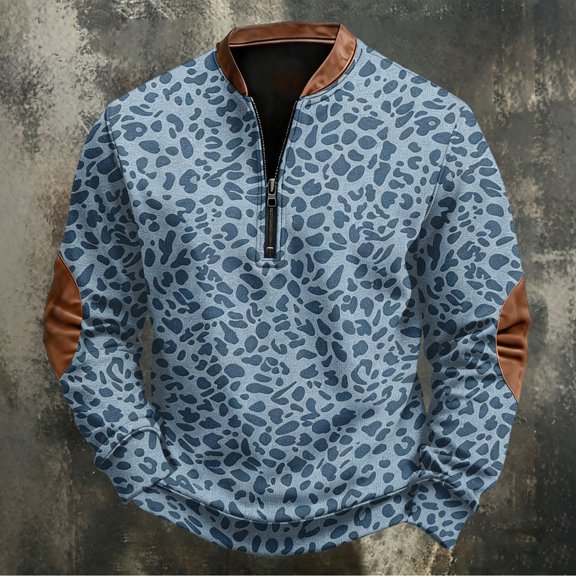 Men's Leopard Print Half Zip Sweatshirt, Trendy Retro Long Sleeve Stand Collar Pullover, Fall Comfy Loose Fit Casual Top Sky Blue 3XL