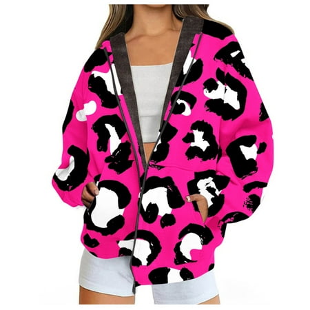 Image of Lovskoo Winter Coats for Women 2023 Trendy Vintage Ethnic Sherpa Fleece Lined Jackets Hooded Warm Printed Jacket with Zipper Double Pockets Coat Hot Pink