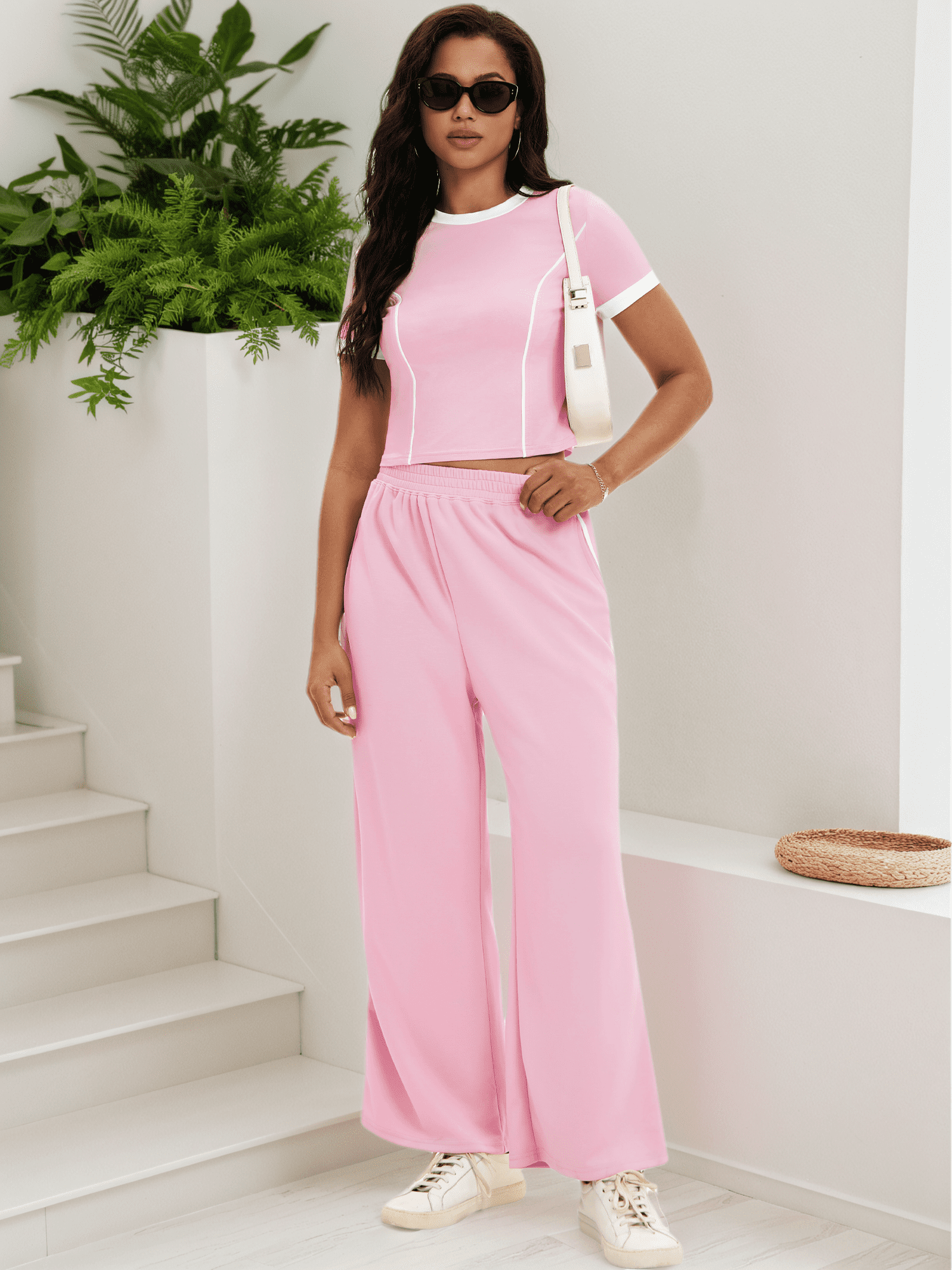 DARING DIVA Women 2 Pieces Set Crop Tops Wide Leg Pants Fall Outfits L Pink