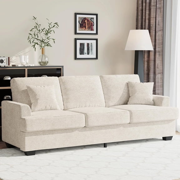 Modern 86" Corduroy Sofa with 2 Throw Pillows, Deep Seat Couch with Upholstered Cushion & Removable Cover,Comfy Corduroy Sofa Couch for Small Space Apartment Lounge, Beige