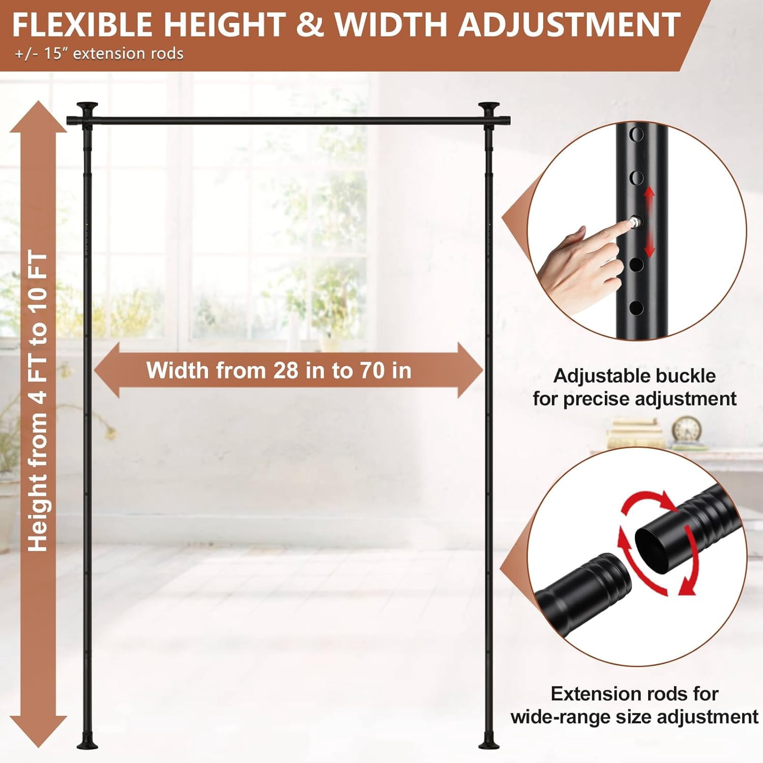 CHEASYOU Black Room Divider Curtain Rod, No Drilling Room Curtain Divider, Adjustable 4-10 ft(H) 28-70 inch(W) Heavy Duty Floor to Ceiling Tension Curtain Rod
