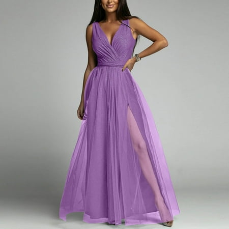 

Moonsky Women s V Neck Sexy High Waist Solid Color Shiny Gown Long Dress