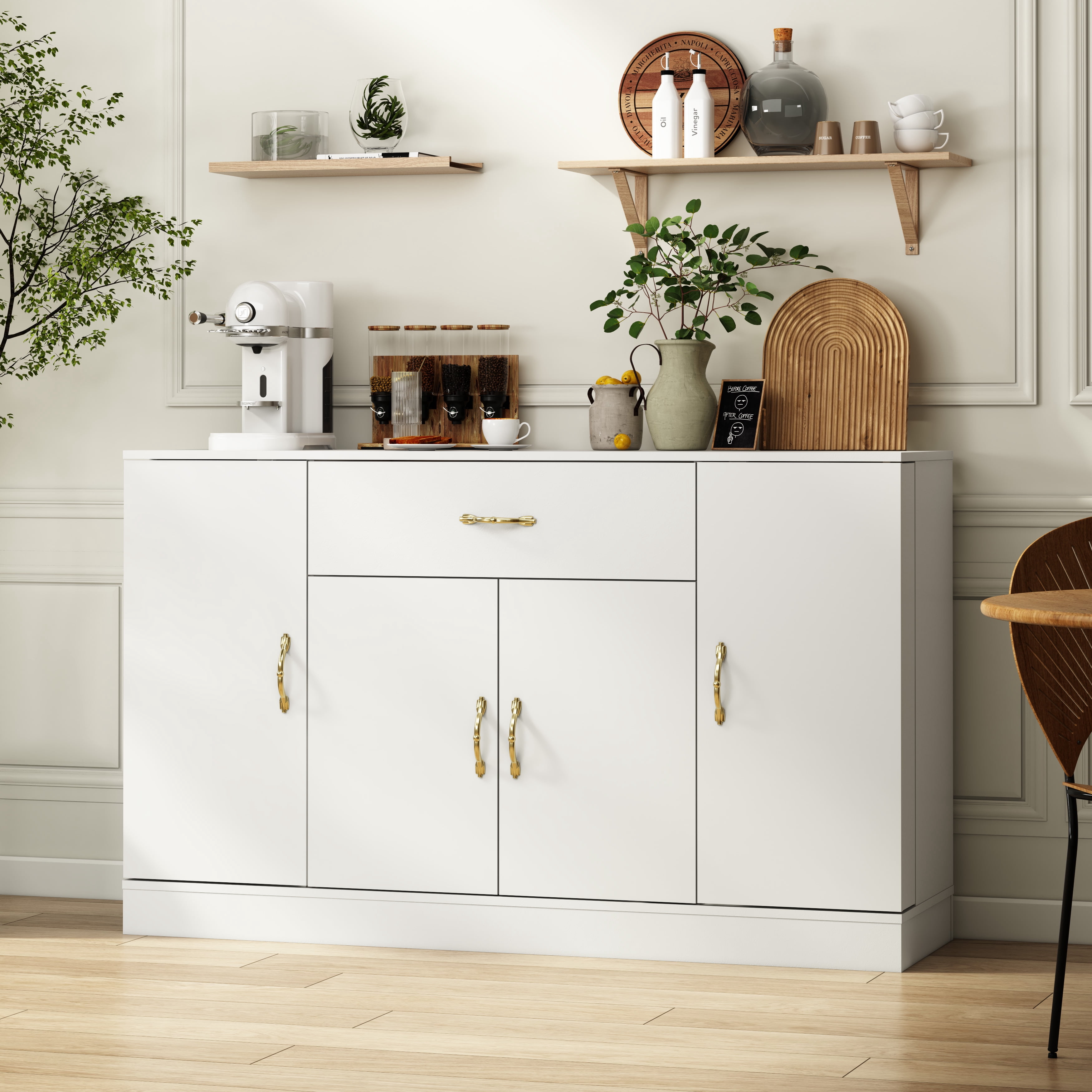 Mintazer Sideboard Buffet Cabinet with 4 Door, Storage Credenza with Drawer & Gold Metal Handles for Dining Room Entryway Living Room, White