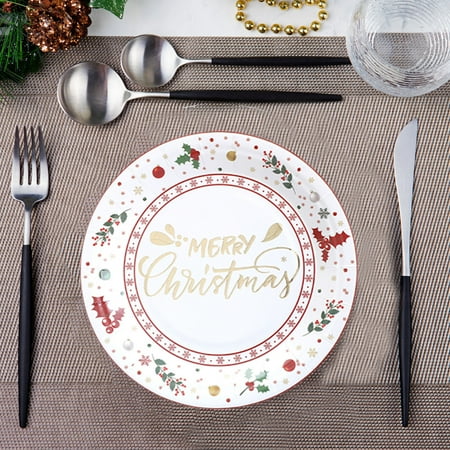 Wadada 10Pcs Christmas Paper Plates and Napkins Sets Red & Gold Snowflake Christmas Plates 350GSM Christmas Disposable Plates for Xmas Winter Holiday New Year Dinner Christmas Party Supplies,Serves 10