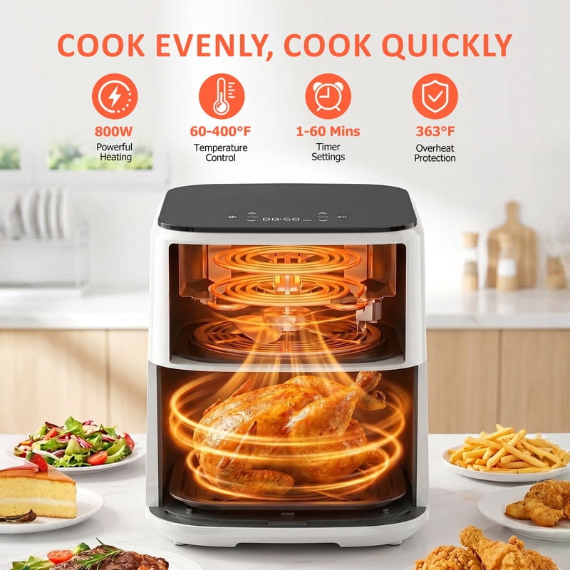 Parcus See-Through Window 3qt Air Fryer – 1500W Digital Touchscreen, 8 Cooking Modes, 60-Min Countdown Timer, Safety Auto Shut-off, Effortless-Clean Nonstick Basket, Up to 400°F – White