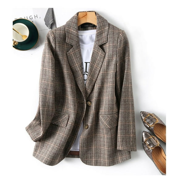 Stichou Women's Notched Lapel Button Boyfriend Fall Blazer Suit Plaid Work Office Blazers Jacket Coffee 4XL