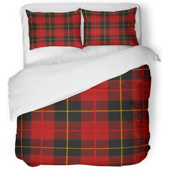 POGLIP 3 Piece Bedding Set Red Scottish Tartan Plaid Pattern Yellow Line Classic Twin Size Duvet Cover with 2 Pillowcase for Home Bedding Room Decoration