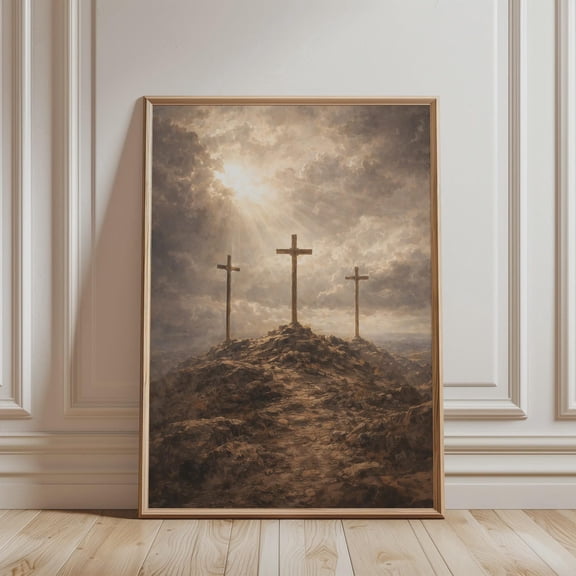 Three Crosses Poster - Christian Wall Art, Landscape Decor Religious, Print Calvary, christian poster, christian calvary, Home Decor Catholic, Jesus Crucifixion Artwork, Unfreamed Poster 8x10
