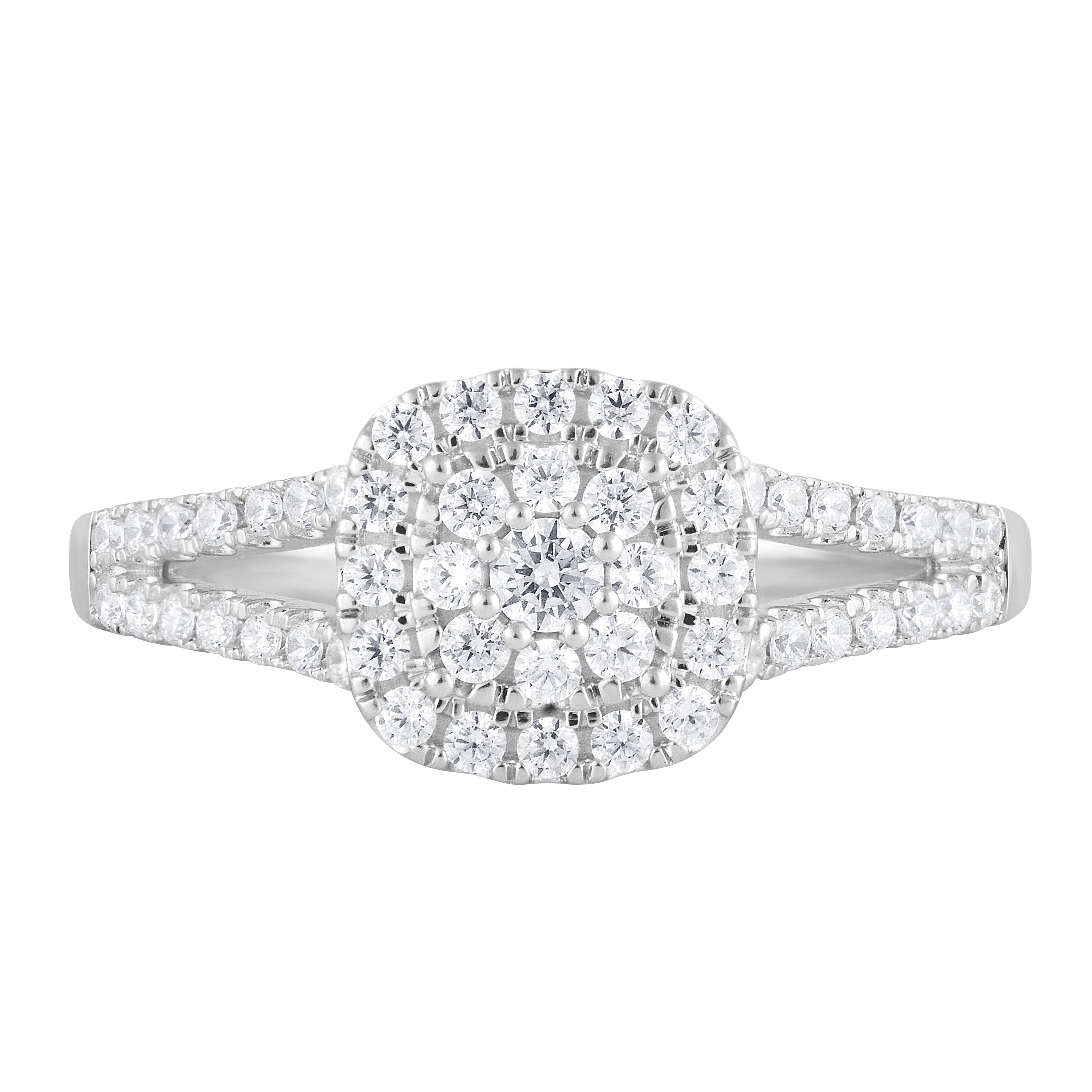Unique Moments 1/2 Ct Lab-Grown Diamonds Split Shank Halo Ring in Sterling Silver for Women (J-SI-I1)
