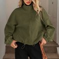 thumbnail image 7 of WTOBBY Women's Fashion Solid Color Baseball Jacket with Long Sleeve, High Neck, Drawstring Hem, and Pockets,Army Green L, 7 of 7