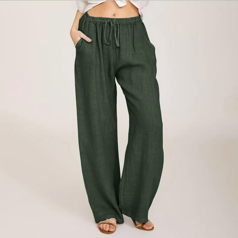 SELONE Linen Pants for Women High Waisted Drawstring With Pockets Baggy  Wide Leg Casual Long Pant Trousers Solid Waist for Everyday Wear Running  Errands Work Casual Event Army Green S 