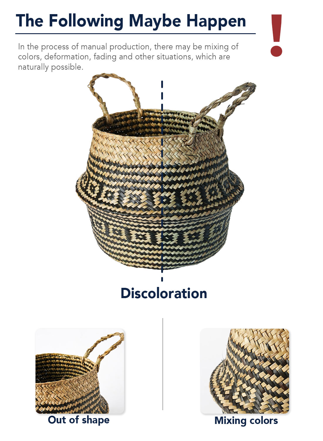 LE TAUCI Plant Basket, 7 inch Small Black Flower Woven Seagrass Belly Baskets, Home Boho Decor, Storage Laundry Picnic Grocery Straw Bag