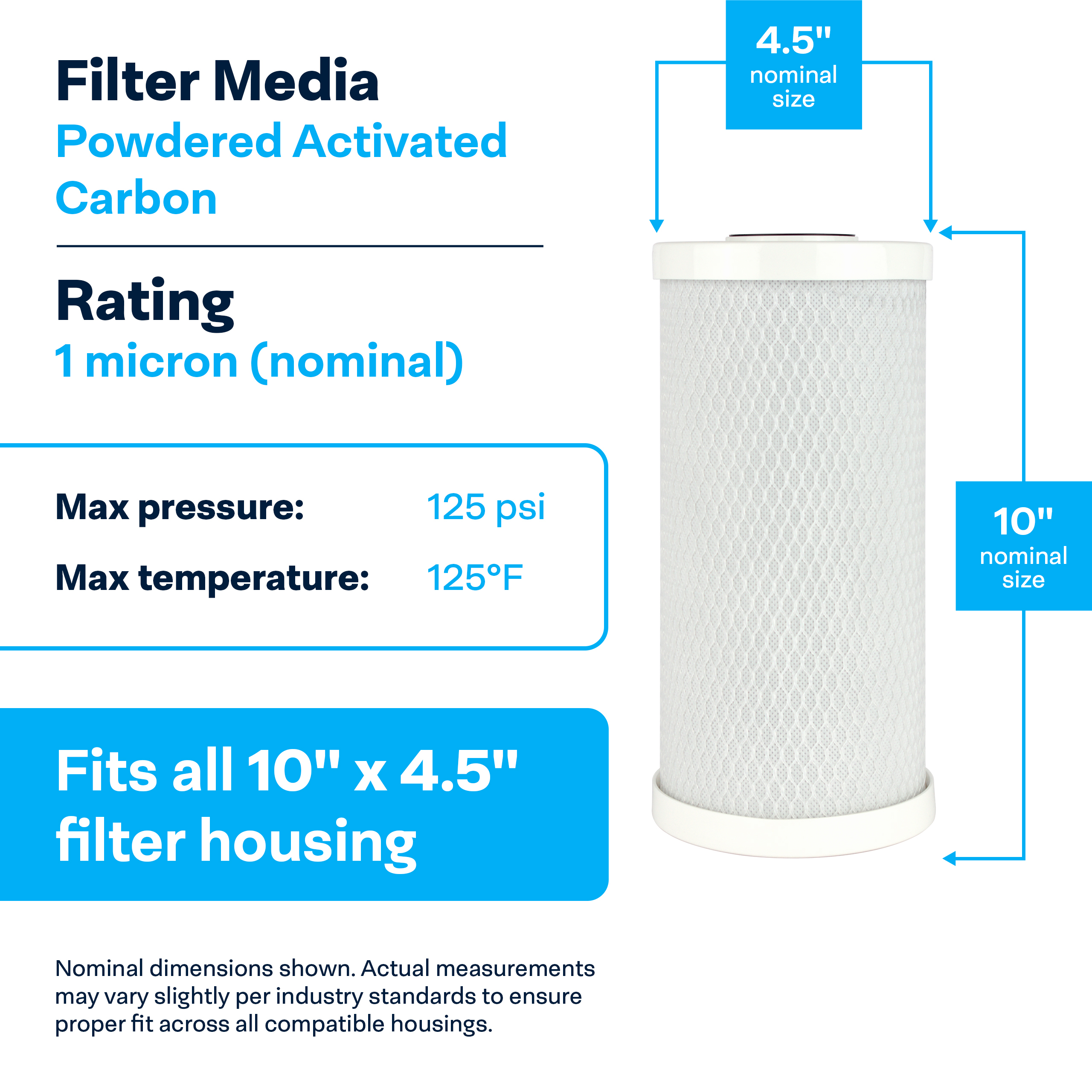 SpiroPure SP-CBC-BB 10x4.5 1 Micron NSF Certified Coconut Shell Carbon Block Water Filter Cartridge CB-45-1001 (Case of 6)