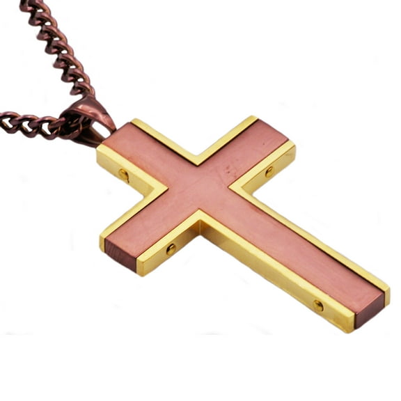 Arista Men's Cross Pendant in Gold and Chocolate Plated Stainless Steel, 24"