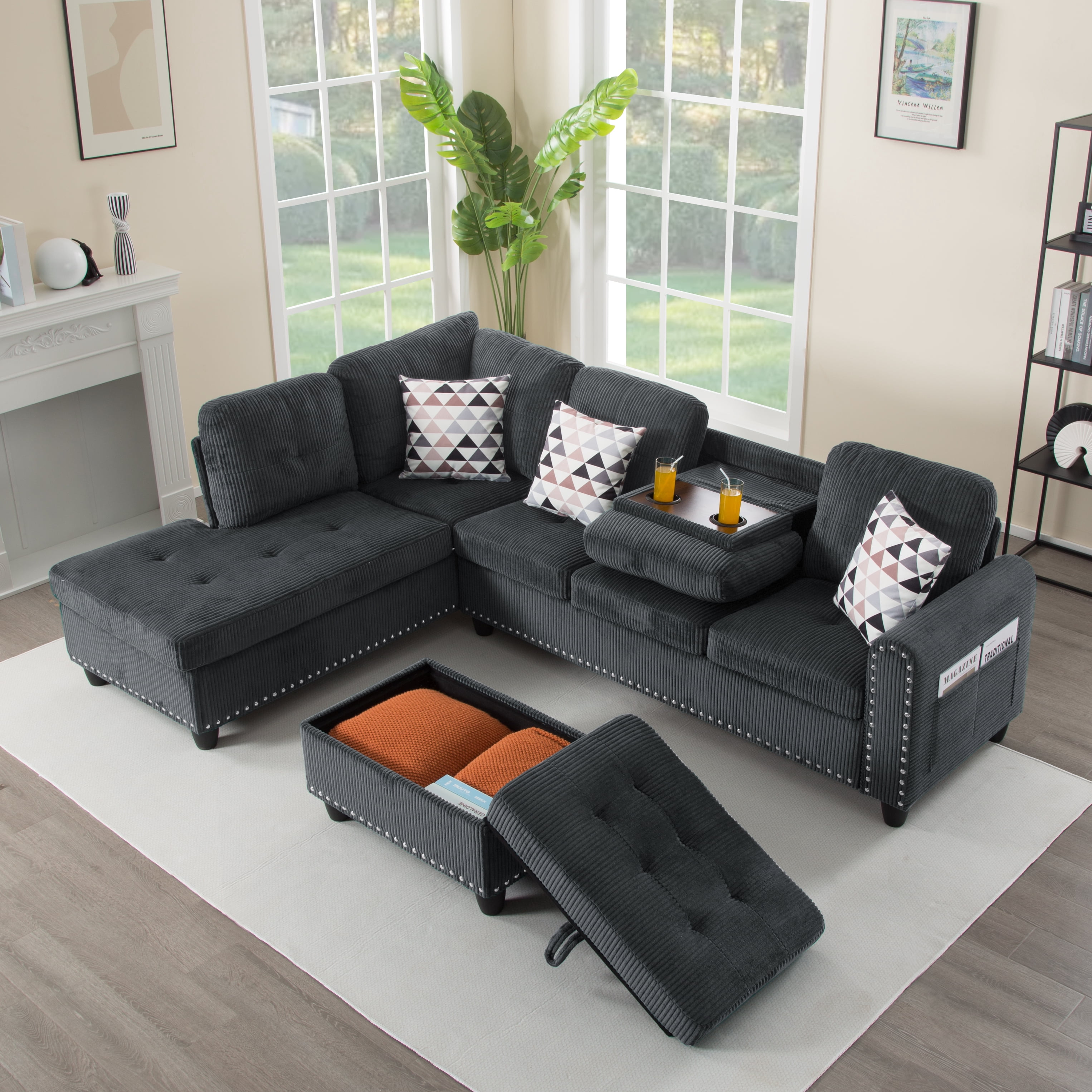 Gewnee 94.49”L‑Shaped Couch,Corduroy Modular Sectional Sofa with Storage Ottoman,Cup Holders,Nailhead Trim,6 Seat Sofa Couch with Pillows for Living Room,Office.Dark Grey