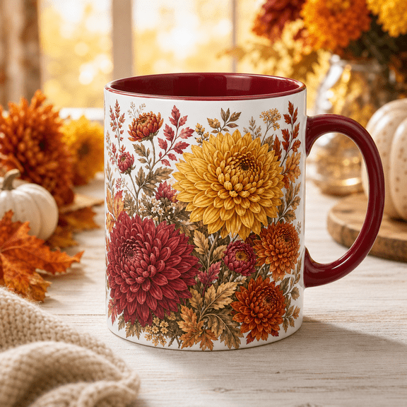 Coffee Mug Chrysanthemum Floral Ceramic for Coffee and Tea Fall Gift