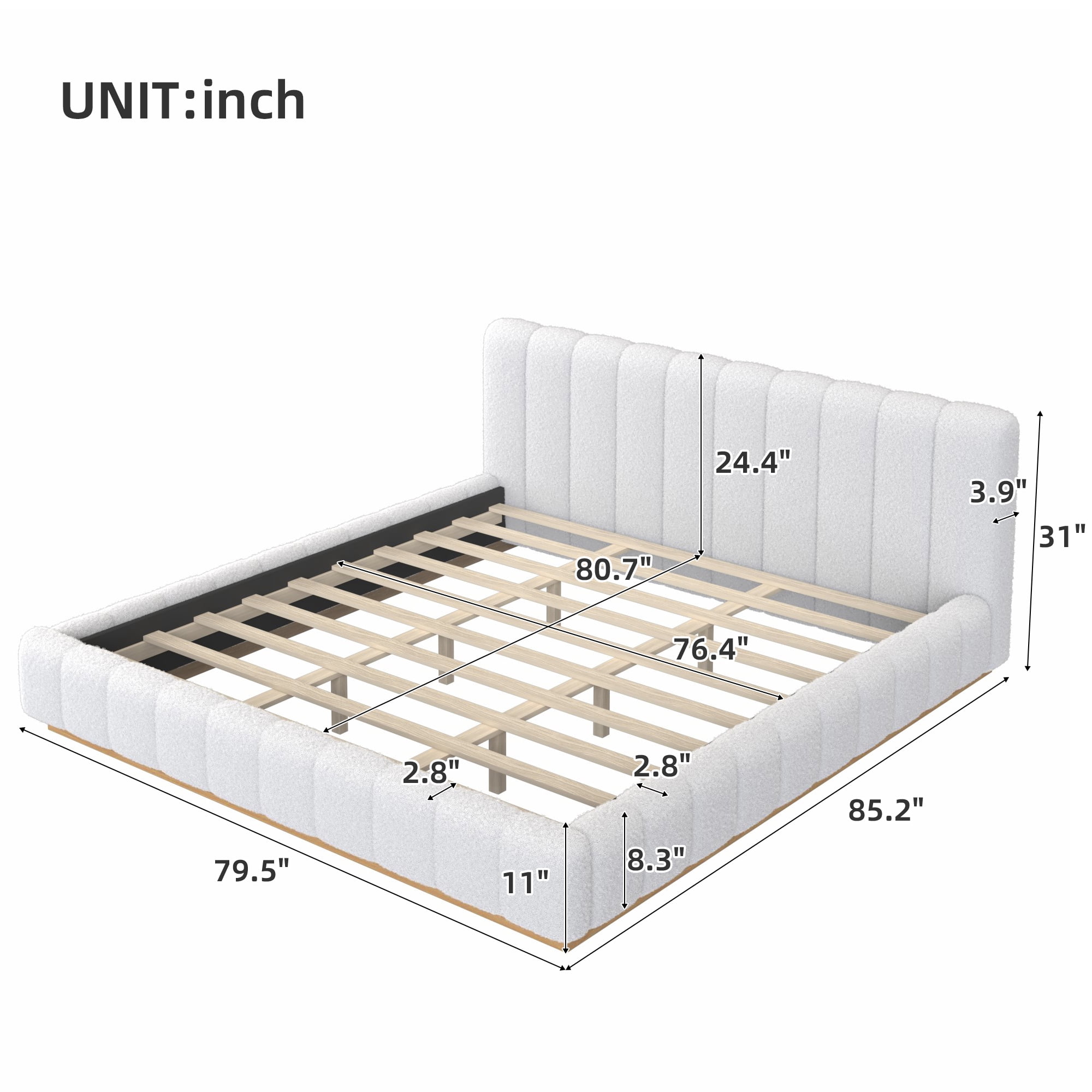 Euroco Boucle Upholstered King Size Platform Bed, White