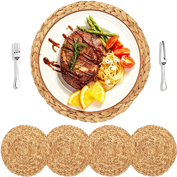 BPPEG 10" Woven Placemats Set of 4, Natural Hand-Woven Water Hyacinth Placemats, Round Braided Rattan Tablemats for Dining Table, Large Straw Placemats Heat Resistant Non-Slip Weave Placemats