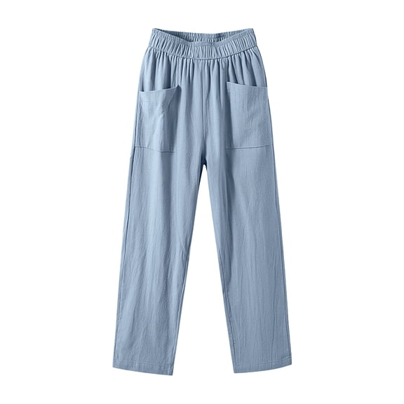 Costeam Womens Solid Color Linen Blend Elastic Waist Long Pants with Side Pockets Relaxed Fit Casual Everyday Full Length Trousers