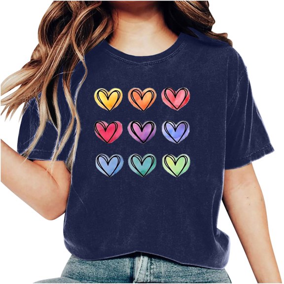 MASRIN 2024 Summer Tops for Women, Women's Heart Print T Shirts Basic Summer Short Sleeve Cute Tops Trendy Casual Round Neck Graphic Tee Shirts Blouse Summer Shirts for Women Cowgirl Short Sleeve