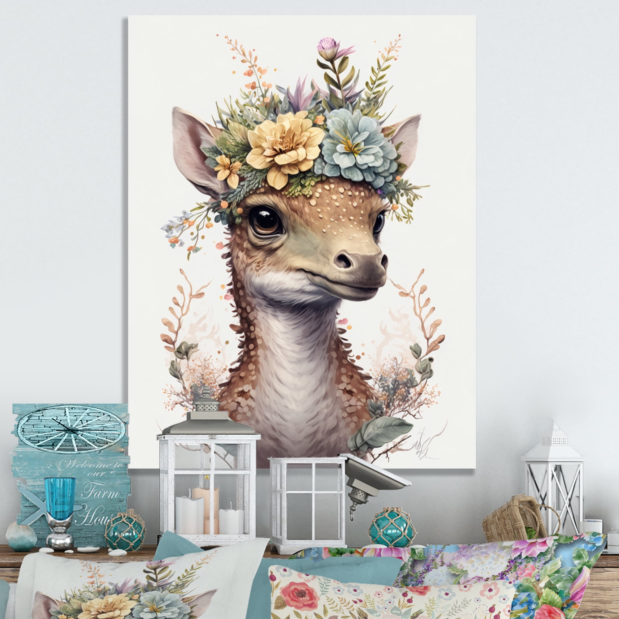 Designart Cute Baby Dinosaur With Floral Crown Canvas Wall Art