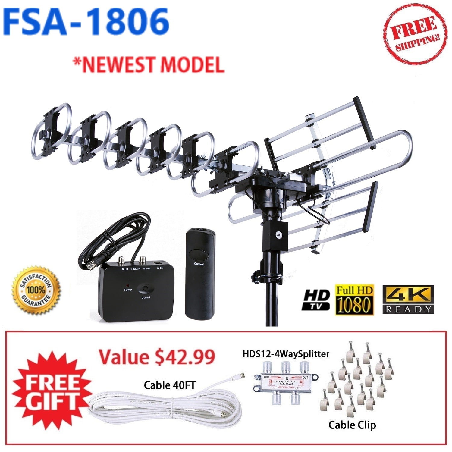 1080P 4K Outdoor Digital HD TV Antenna 360 Degrees Rotation 150 Mile Range Receive UHF VHF FM Signal with Remote Controller COMOTS HDTV Antenna 
