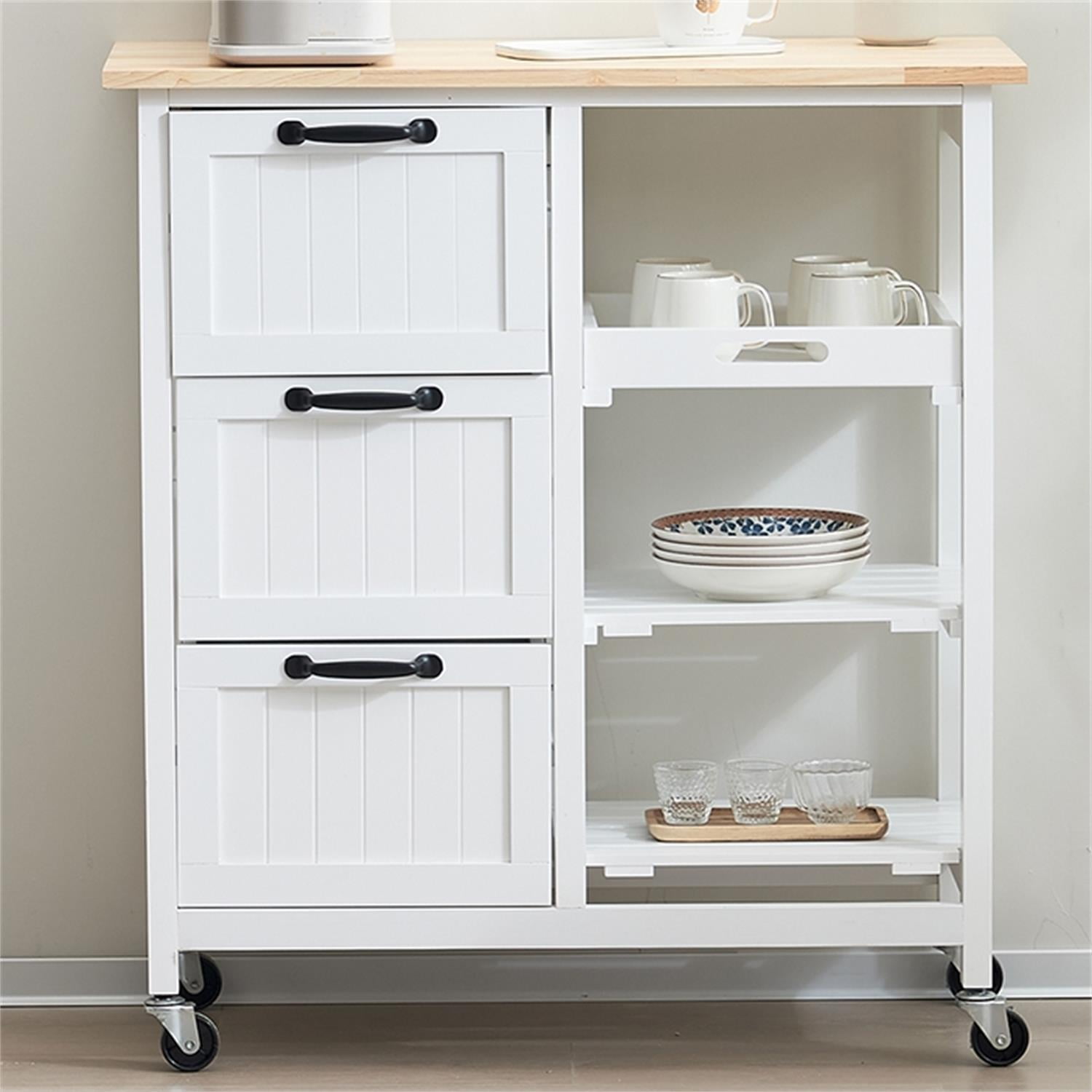 Kadyn Kitchen Island Cart, Moveable Kitchen Cart with Three Drawers and Three Layers Black Handle, Rolling Bar Cart for Home, White Kadyn Kitchen Island Cart, Moveable Kitchen Cart with Three Drawers and Three Layers Black Handle, Rolling Bar Cart for Home, White