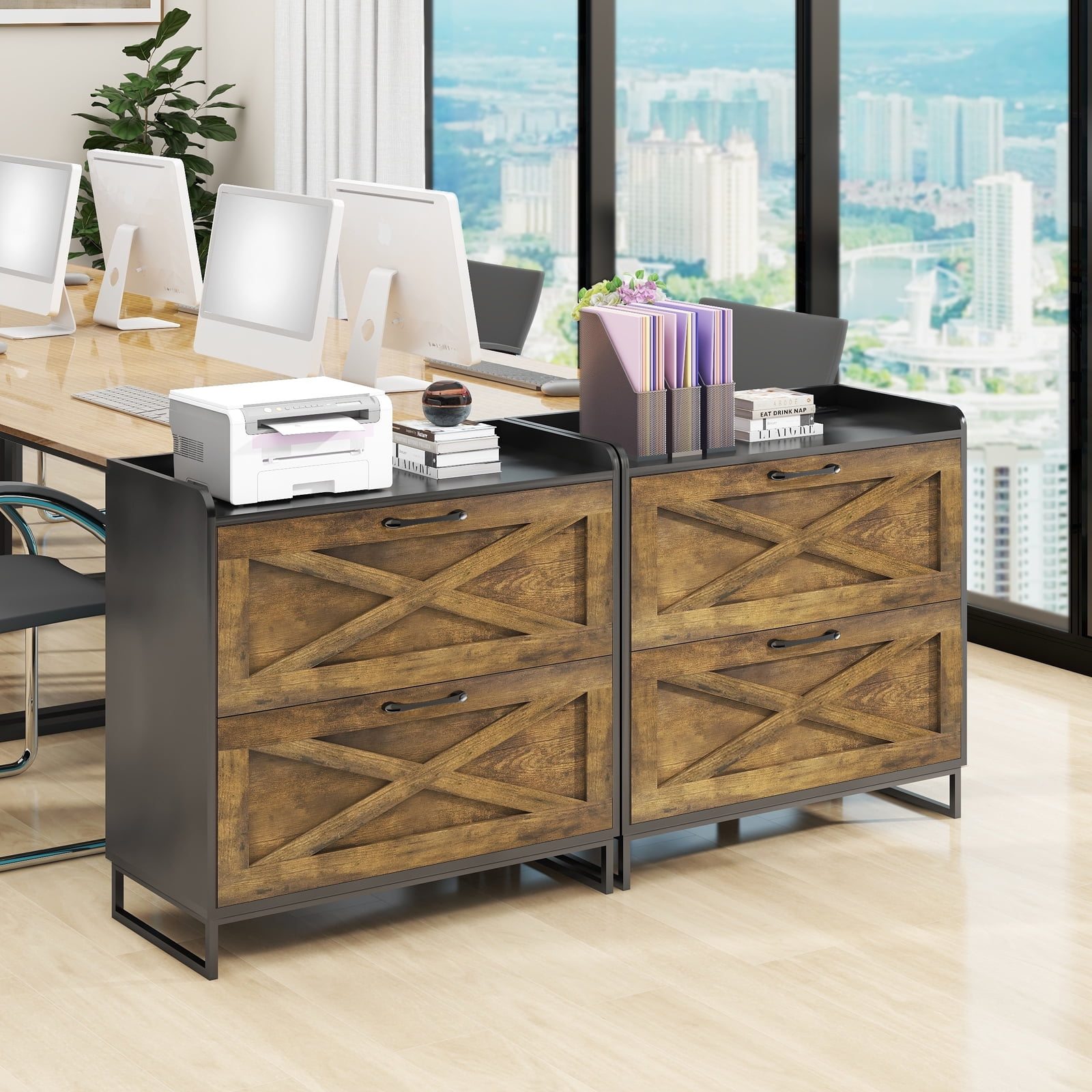 Vabches Lateral File Cabinet with Charging Station for Letter/Legal/A4 Size Hanging Files, Brown