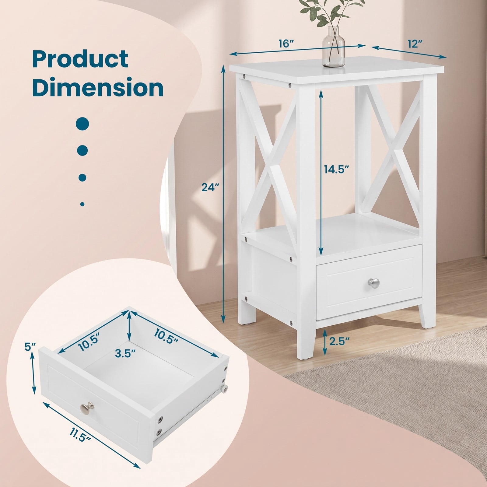 Furnibear 2-Tier Nightstand with Storage Drawer and Open Shelf, Multifunctional Bedside Table with X-frame Sides for Bedroom, White
