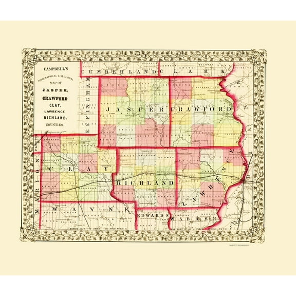 Historic County Map- Jasper Crawford Clay Lawrence Richland Illinois - Campbell 1870