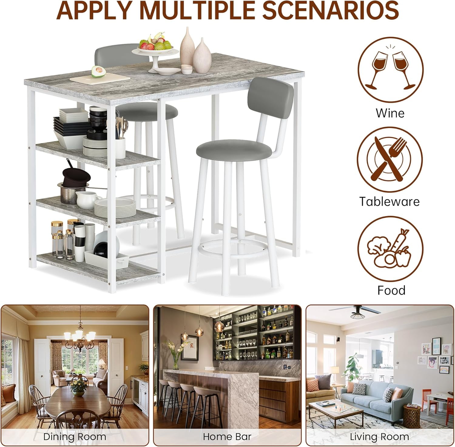 LinkRomat Dining Table Set for 2,3 Piece Pub Table and Chairs Set with Storage Shelves, Small Space Bistro Kitchen & Bar Tables, Counter Height Dining Set, Gray