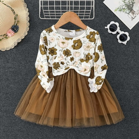 

Qazqa Girls Child Long Sleeve Flowers Prints Tulle Dresses Bow Tie Princess Dress